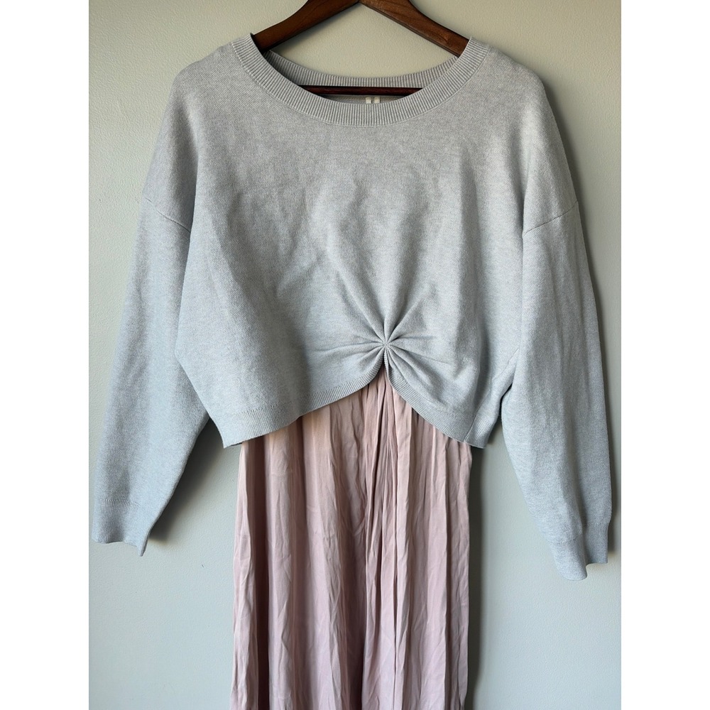 Anthropologie 2 Piece Set Gray Twist Front Sweater Mauve Pink Midi Dress L